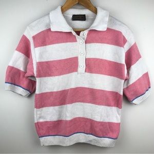 VTG Eddie Bauer Short Sleeve Sweater Made in USA Pink Stripe Half Button